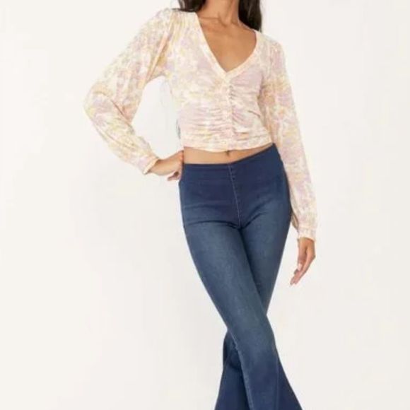 Free People Say The Word Ivory Combo XS long sleeve pink shirt blouse NWT $78 - Picture 4 of 8